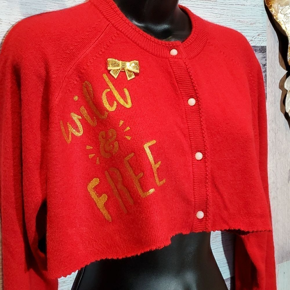 Upcycled Cropped Wild & Free Red Cardigan Sweater Glammed Up Grunge One of Kind
